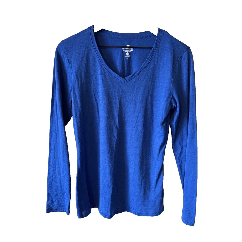 Segments Women's Blue 100% Merino Wool Shirt Long Sleeve V Neck Size Medium